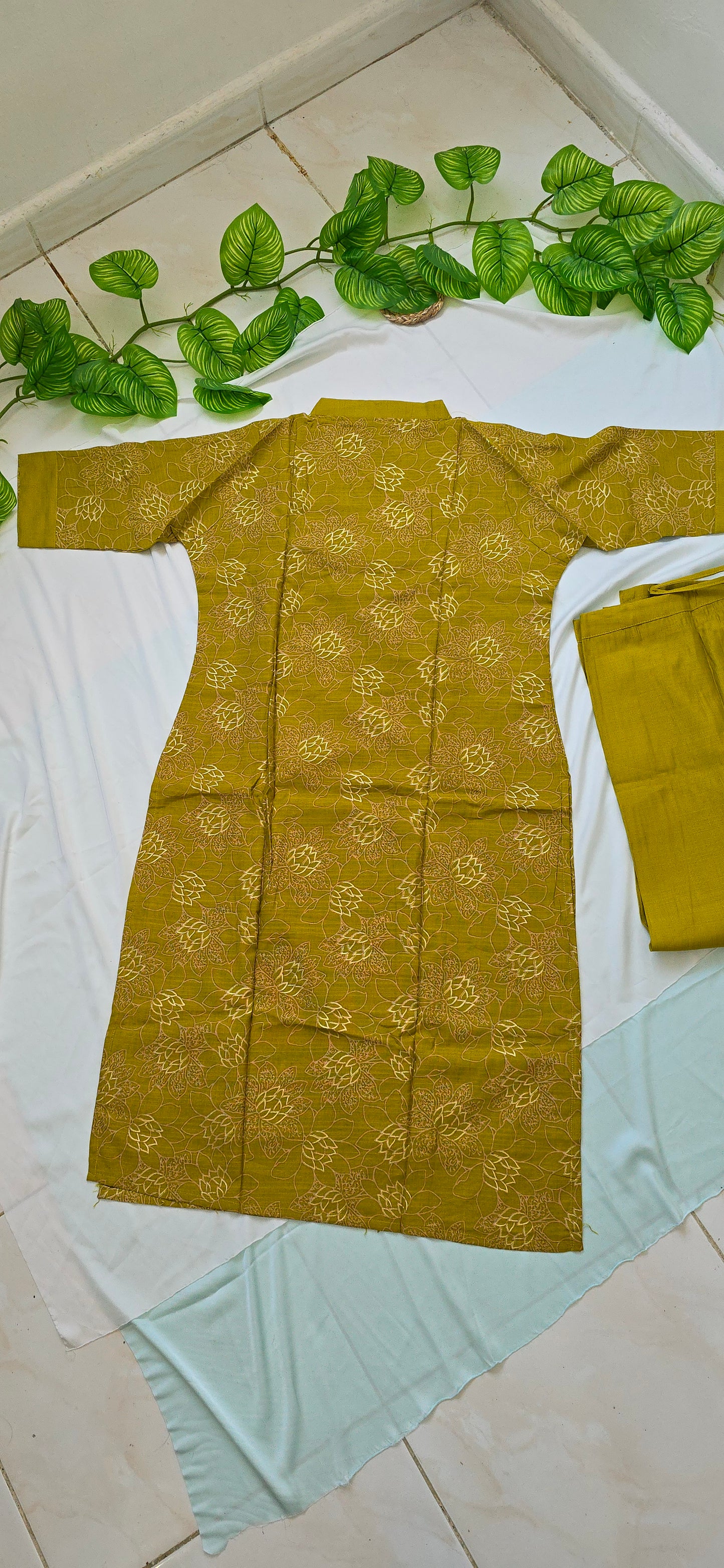 Mustard Yellow color collar neck cotton cord set | 2 piece set with lining top, pocket pant | 3/4th Sleeve | Item code-COS07