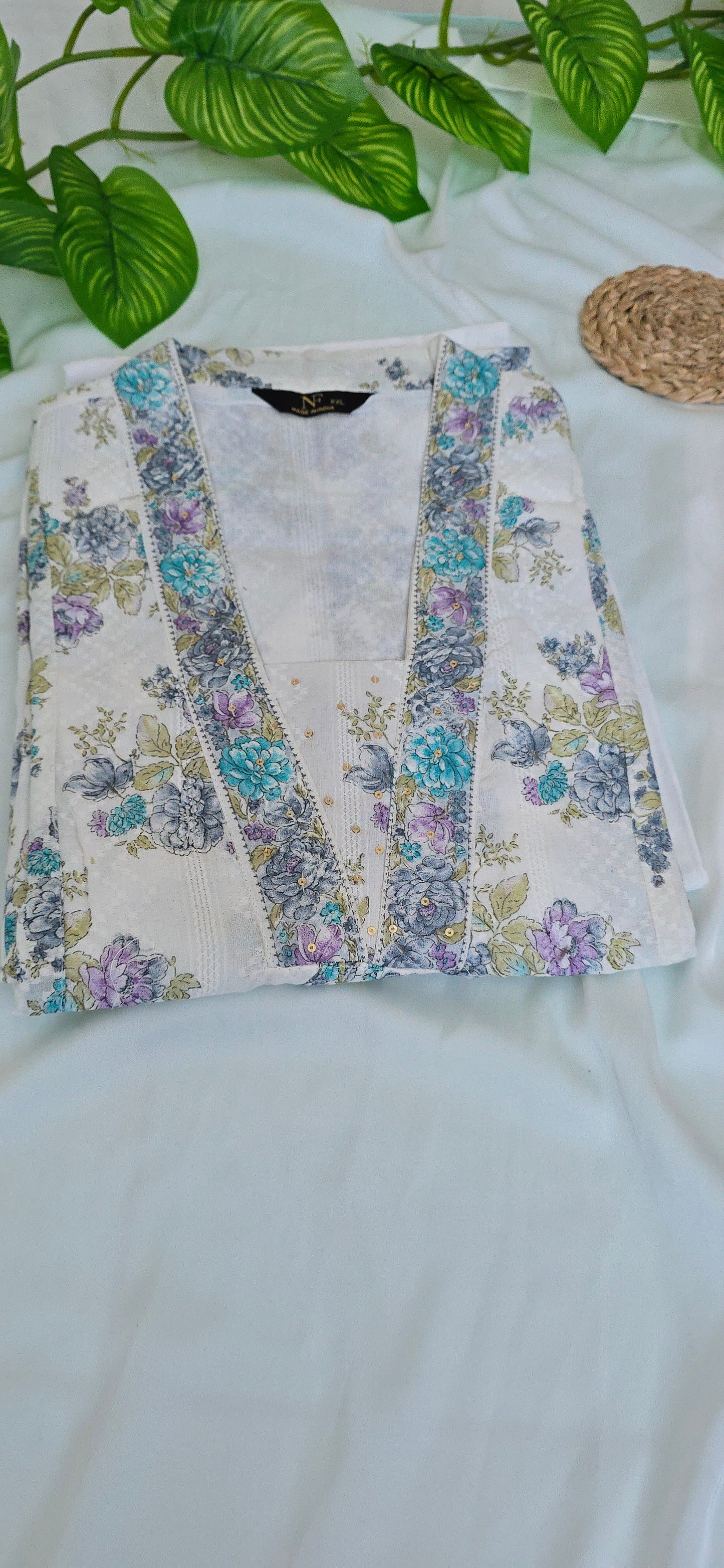 2 piece top and bottom Cotton cord set with white & blue color | 3/4 Sleeve and collar neck | Item code-COS014