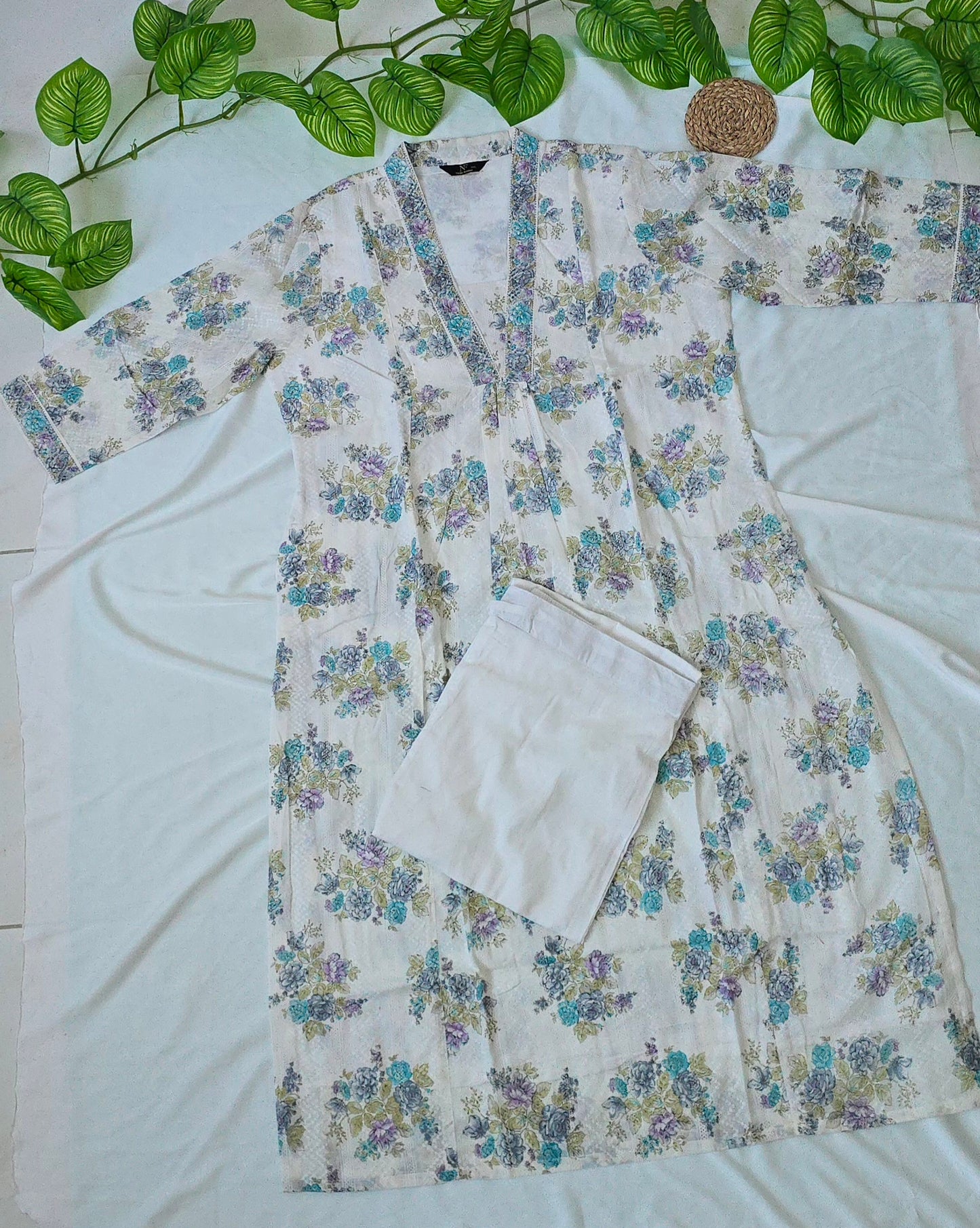 2 piece top and bottom Cotton cord set with white & blue color | 3/4 Sleeve and collar neck | Item code-COS014