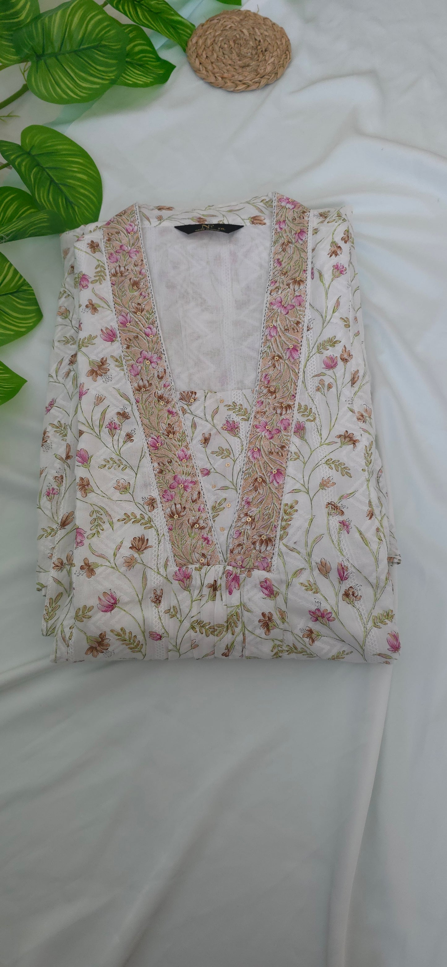 2 Piece Top and Bottom Cotton Cord set with White & Pink colour | 3/4 Sleeve and collar neck | Item code - COS015