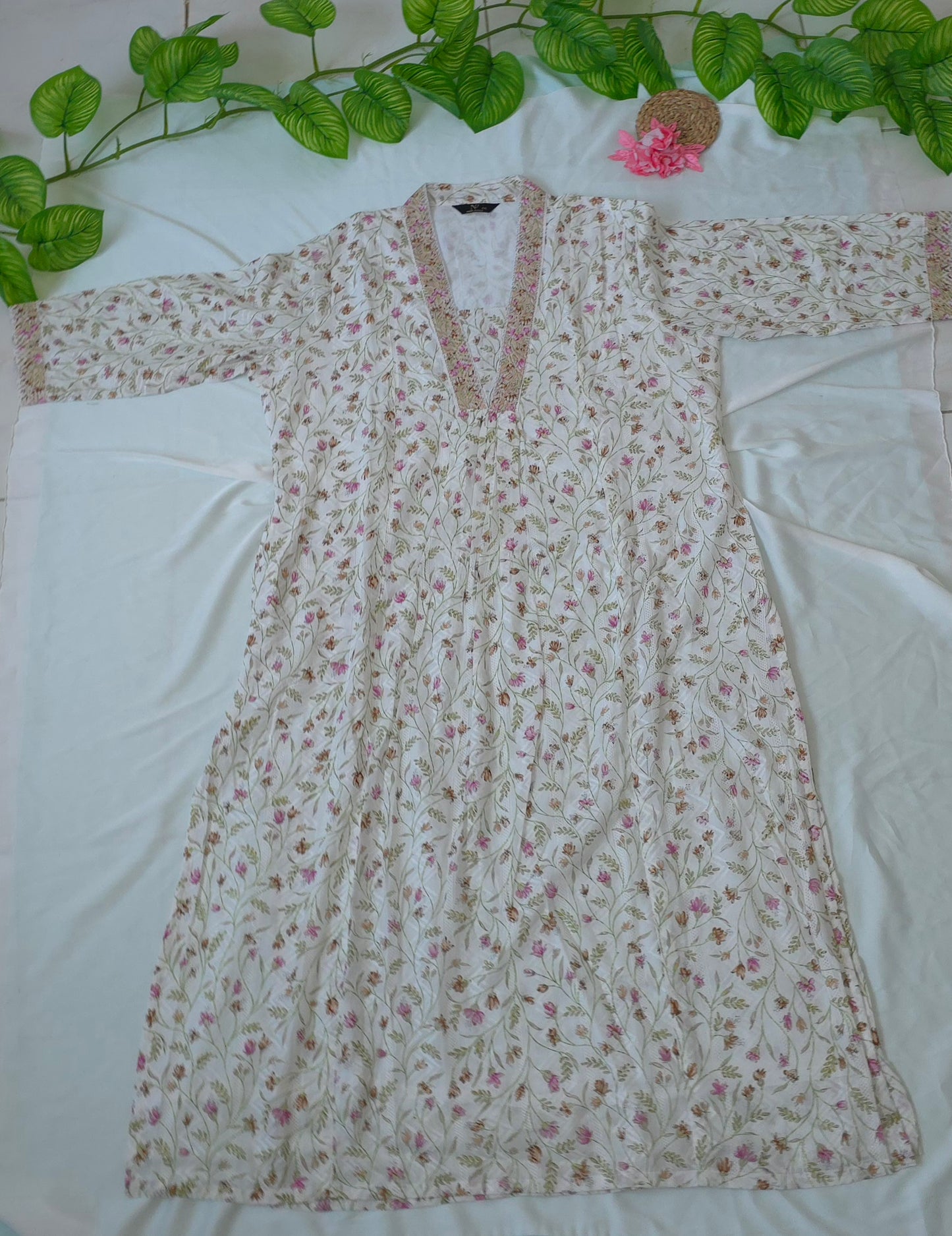 2 Piece Top and Bottom Cotton Cord set with White & Pink colour | 3/4 Sleeve and collar neck | Item code - COS015