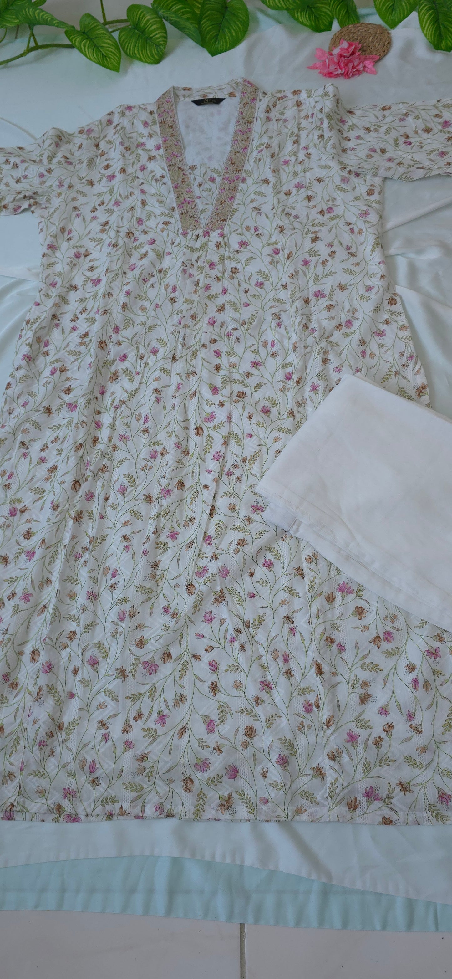 2 Piece Top and Bottom Cotton Cord set with White & Pink colour | 3/4 Sleeve and collar neck | Item code - COS015