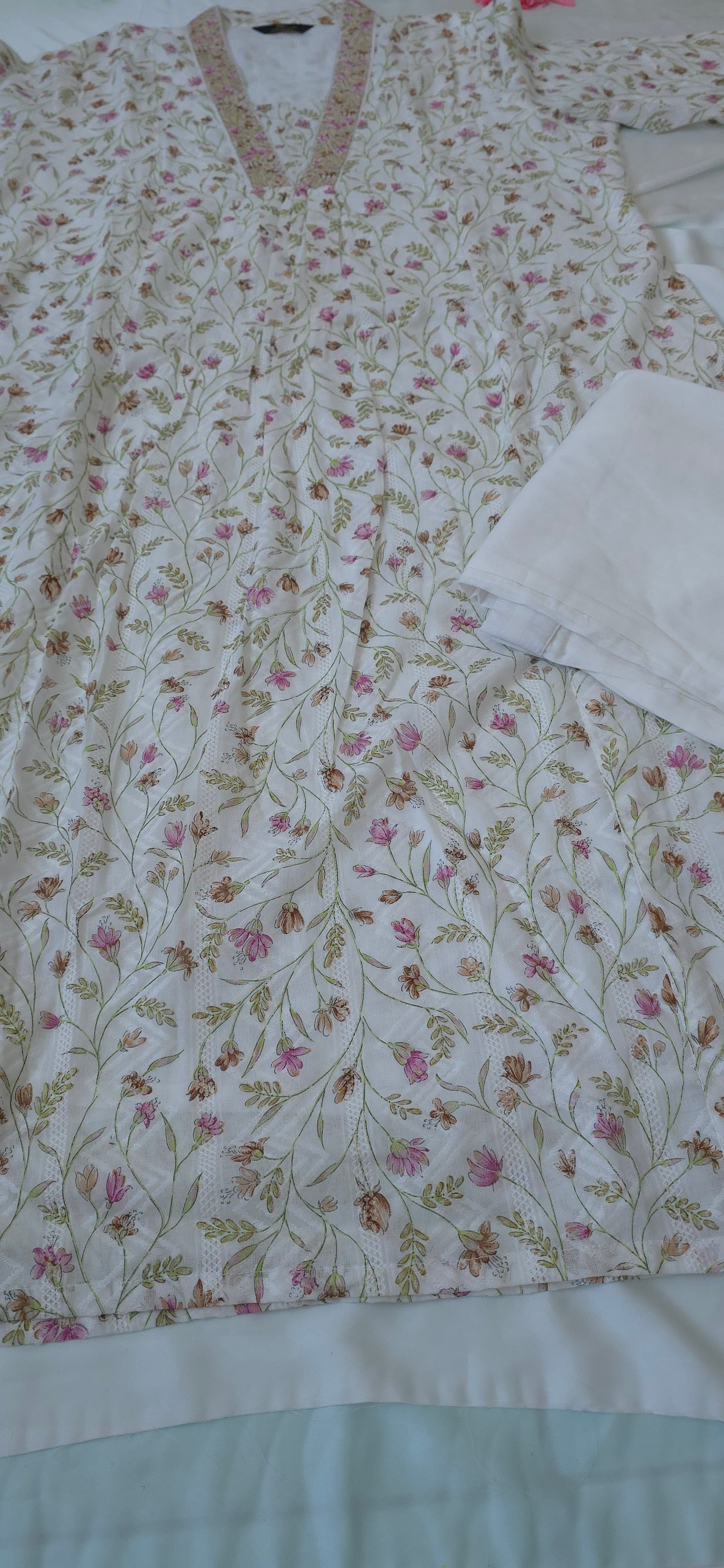 2 Piece Top and Bottom Cotton Cord set with White & Pink colour | 3/4 Sleeve and collar neck | Item code - COS015