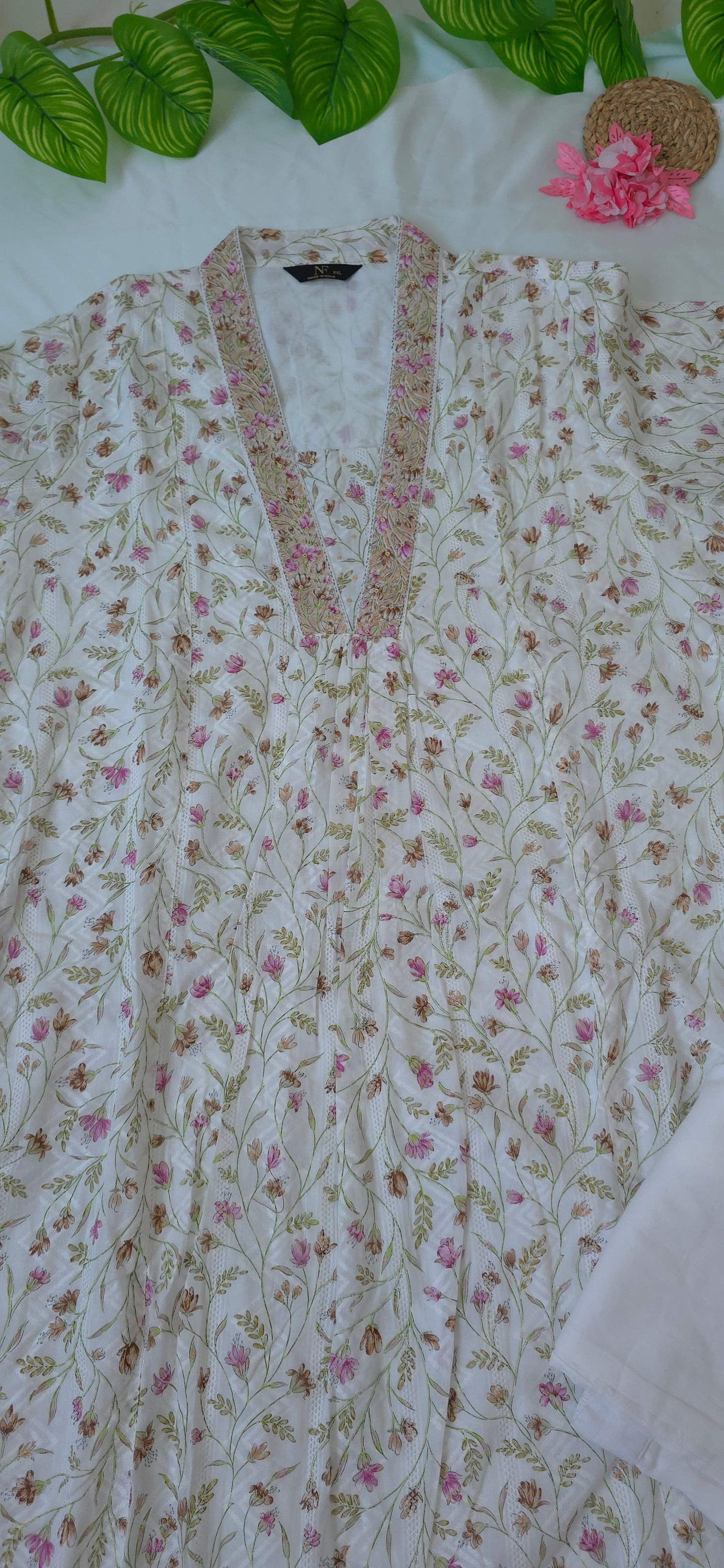 2 Piece Top and Bottom Cotton Cord set with White & Pink colour | 3/4 Sleeve and collar neck | Item code - COS015
