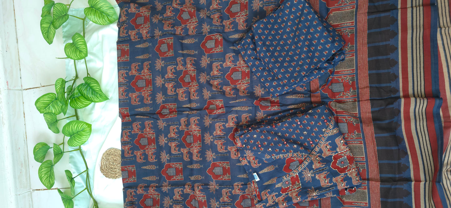 Cotton 3 piece churidar set | 3/4sleeve | Navy blue color Aline Churidar | Itemcode-COS20