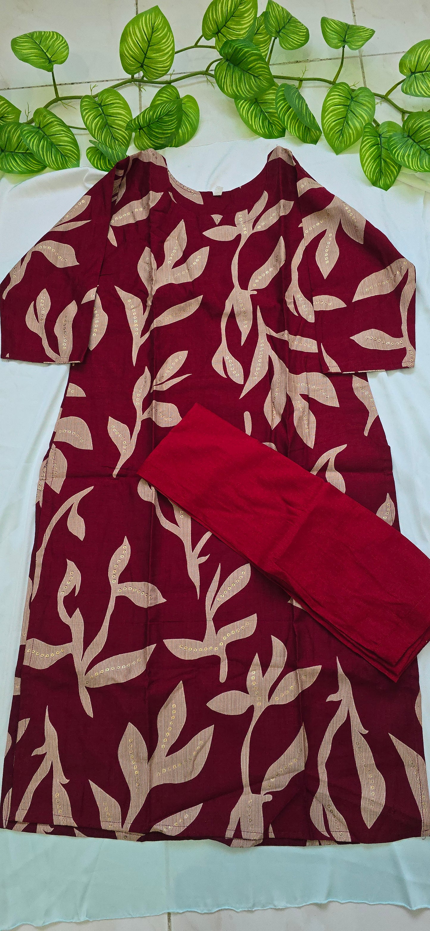 Maroon Colour Cotton cord set with linning top and pocket pant | 3/4 sleeve, Elegant and Super floral pattern 2 piece set |  item code-COS05