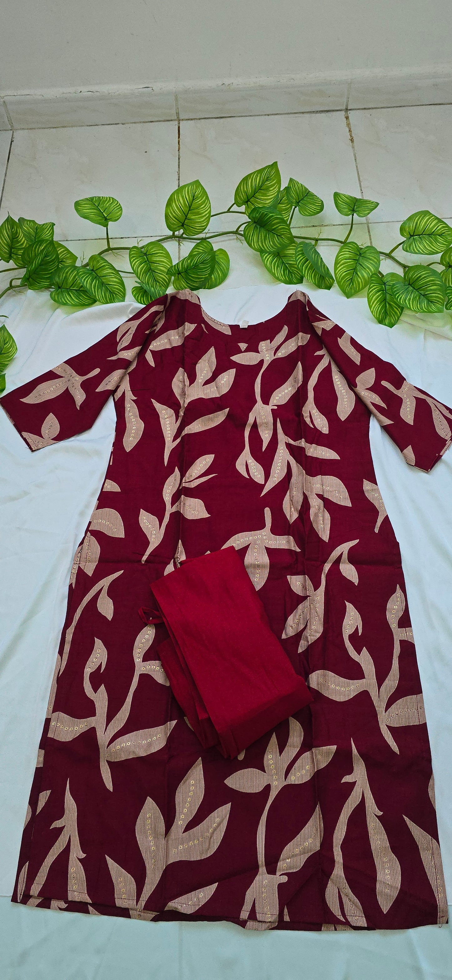 Maroon Colour Cotton cord set with linning top and pocket pant | 3/4 sleeve, Elegant and Super floral pattern 2 piece set |  item code-COS05