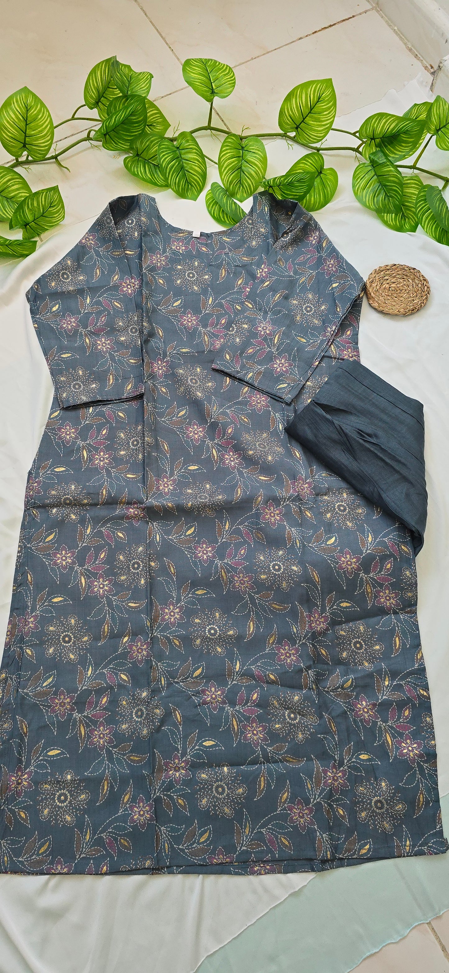 Grey colour cotton cord set | 2 piece set with linning top and pocket pant | 3/4th Sleeve | Item code-COS06