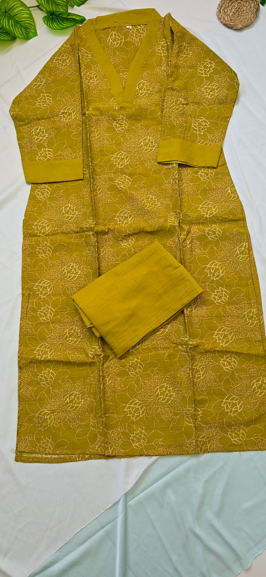 Mustard Yellow color collar neck cotton cord set | 2 piece set with lining top, pocket pant | 3/4th Sleeve | Item code-COS07