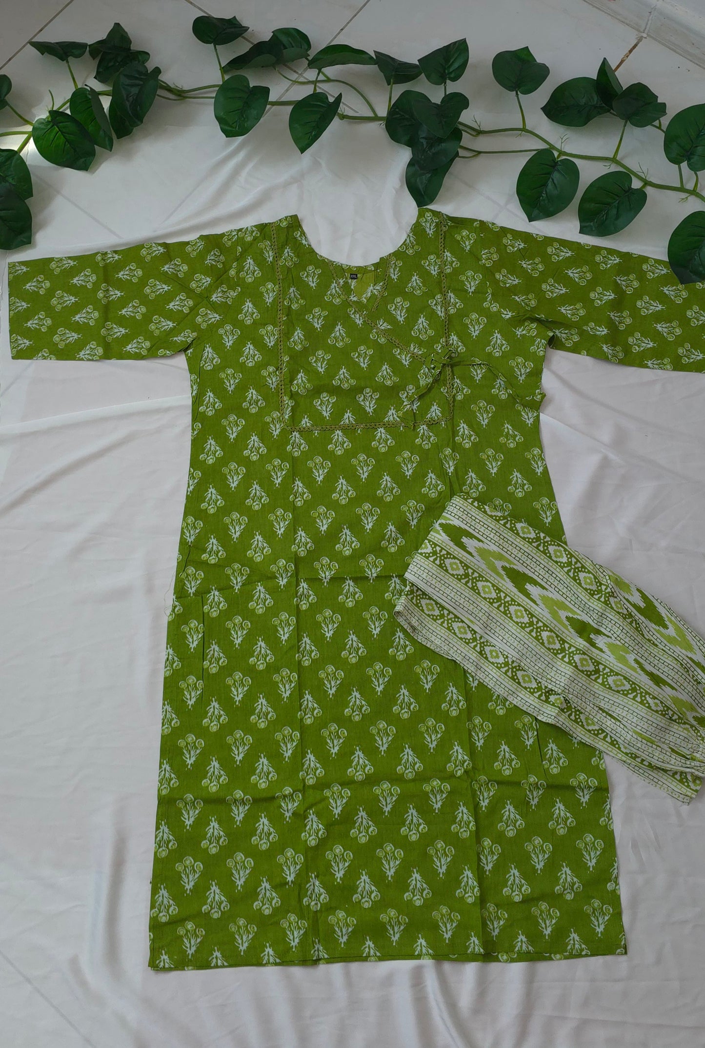 Green color pure cotton cord set | 2 piece set with top and bottom | 3/4 sleeve | Item code - COS09