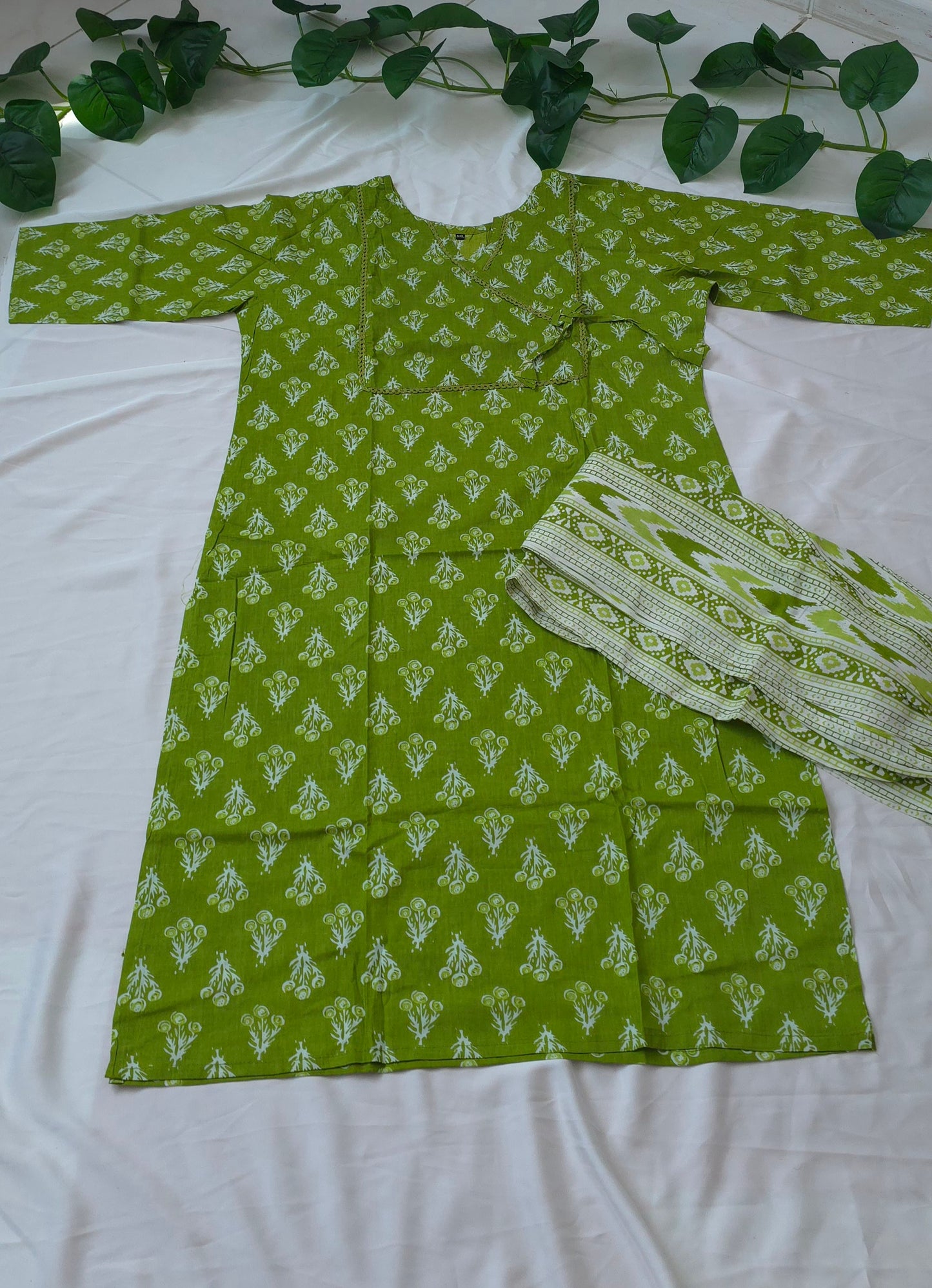 Green color pure cotton cord set | 2 piece set with top and bottom | 3/4 sleeve | Item code - COS09