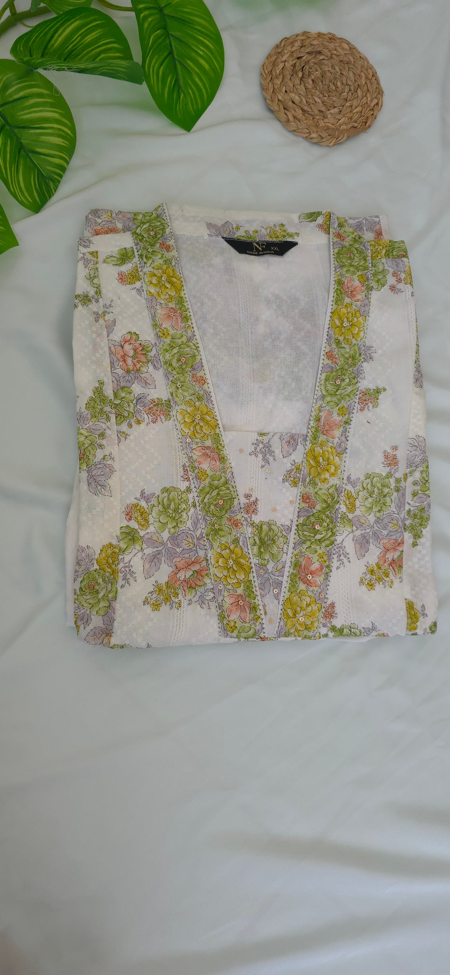 2 piece cotton cord set with white & green Color | 3/4 sleeve and collar neck | Item code - COS013