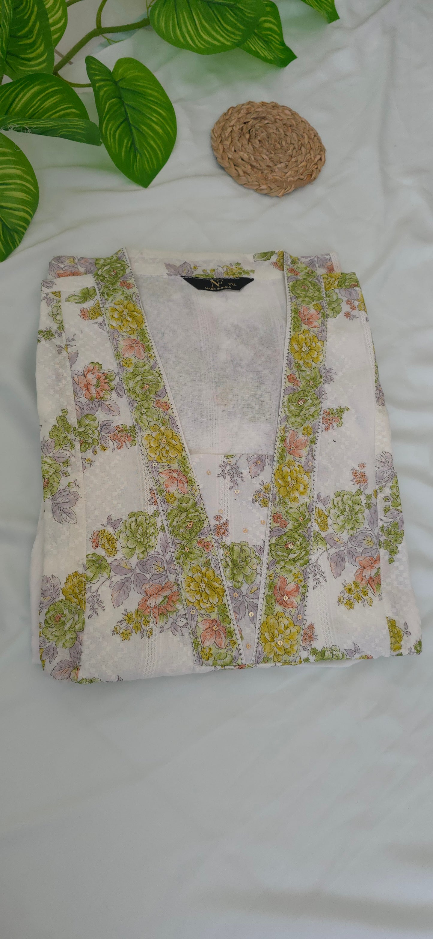 2 piece cotton cord set with white & green Color | 3/4 sleeve and collar neck | Item code - COS013