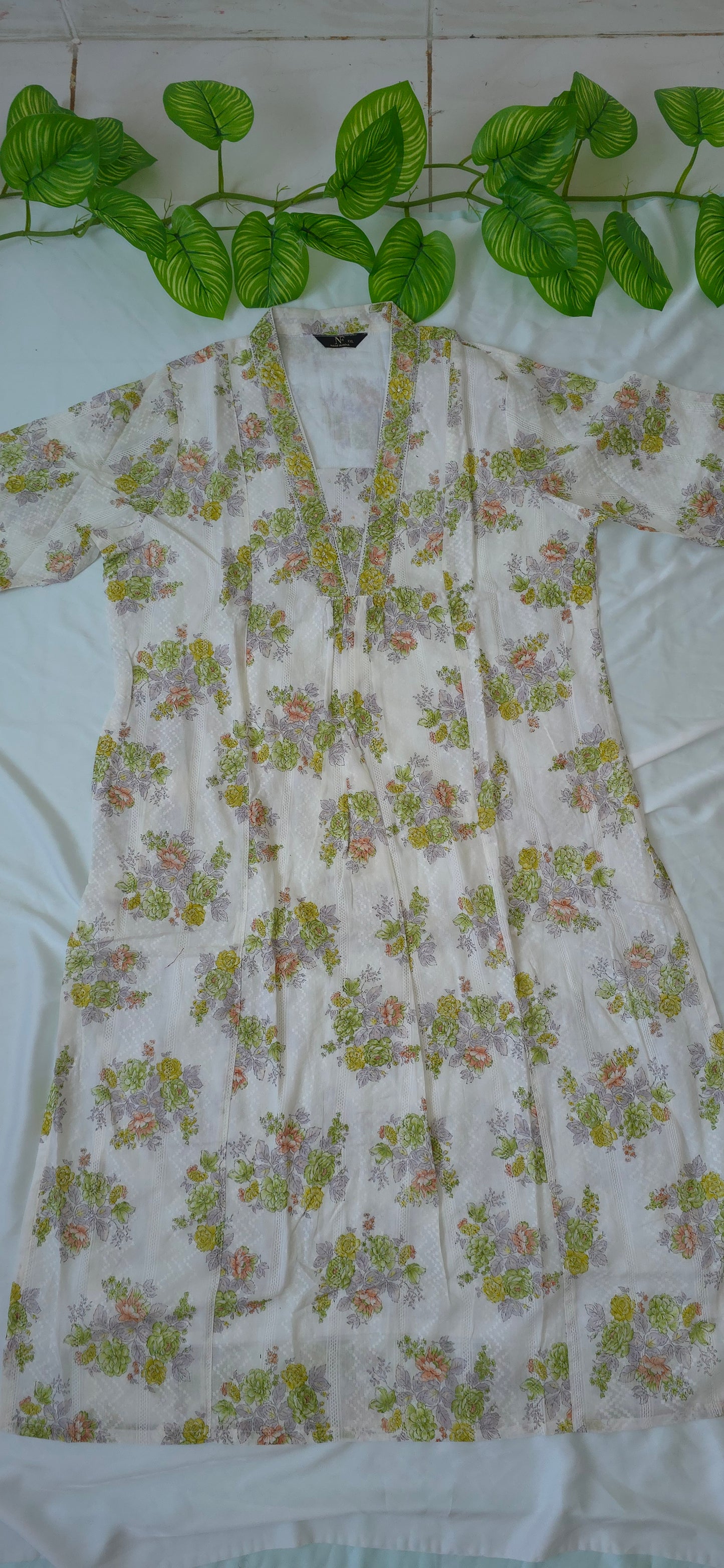 2 piece cotton cord set with white & green Color | 3/4 sleeve and collar neck | Item code - COS013