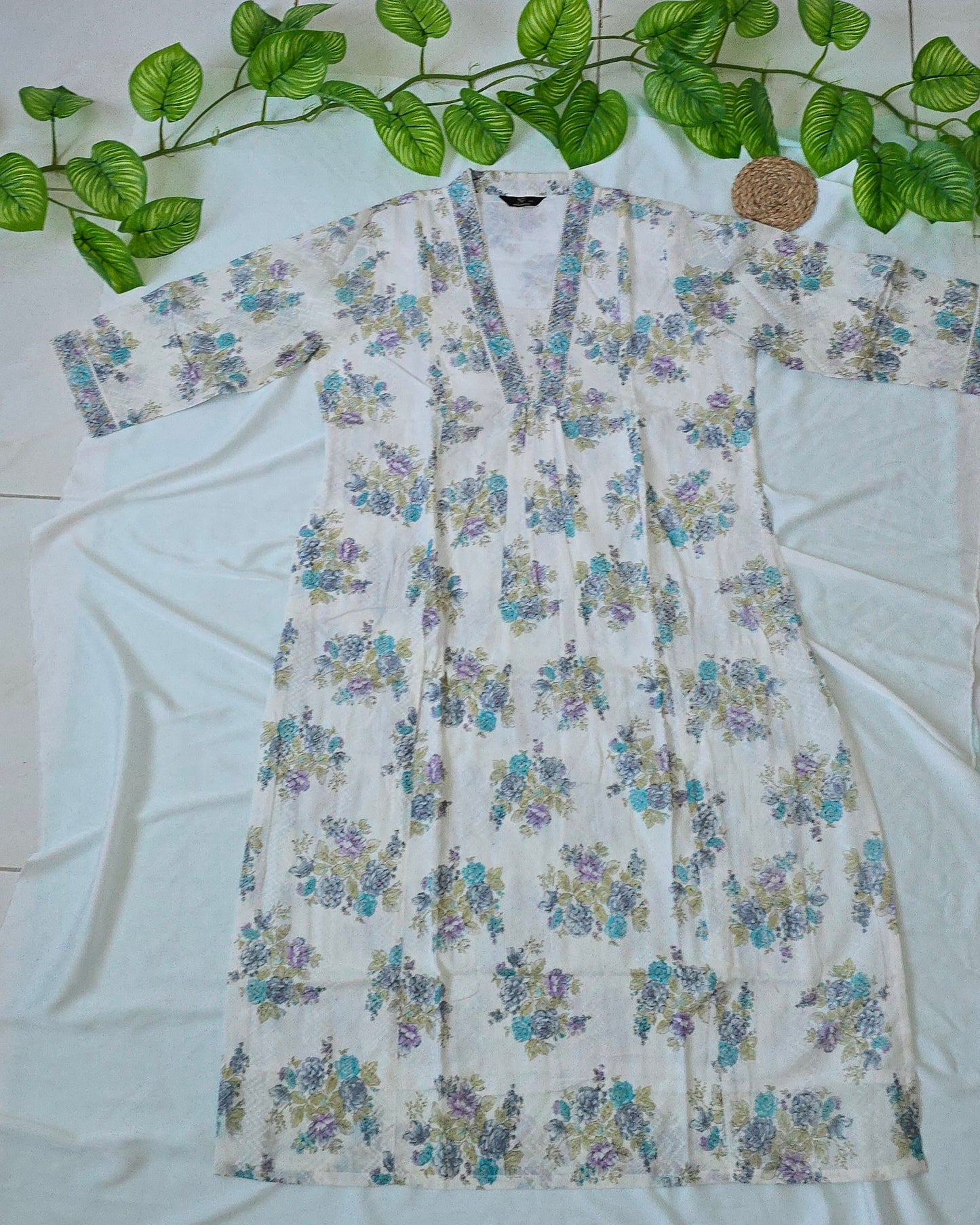 2 piece top and bottom Cotton cord set  with white & blue color | 3/4 Sleeve and collar neck | Item code-COS014