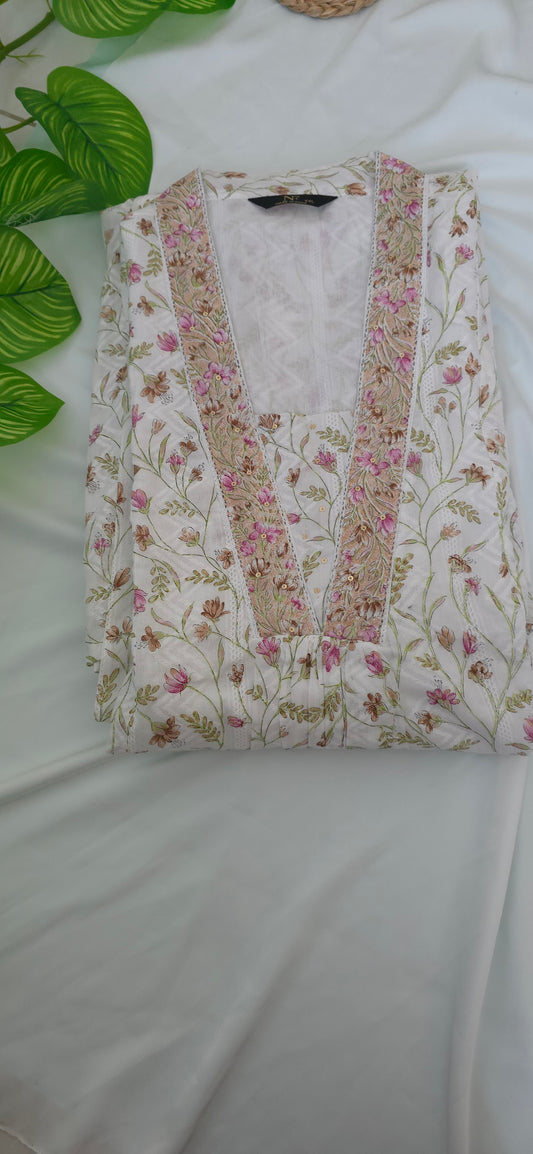 2 Piece Top and Bottom Cotton Cord set with White & Pink colour | 3/4 Sleeve and collar neck | Item code - COS015