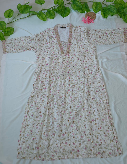 2 Piece Top and Bottom Cotton Cord set with White & Pink colour | 3/4 Sleeve and collar neck | Item code - COS015