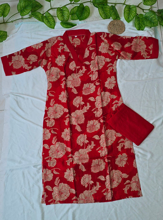 Red Colour Cotton Cord Set with Slited lining top and pocket bottom | 3/4th sleeve | Item Code-COS01