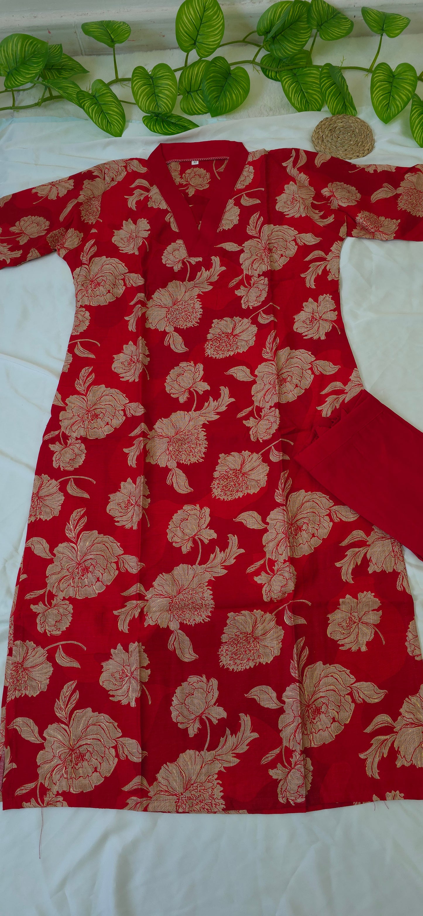 Red Colour Cotton Cord Set with Slited lining top and pocket bottom | 3/4th sleeve | Item Code-COS01