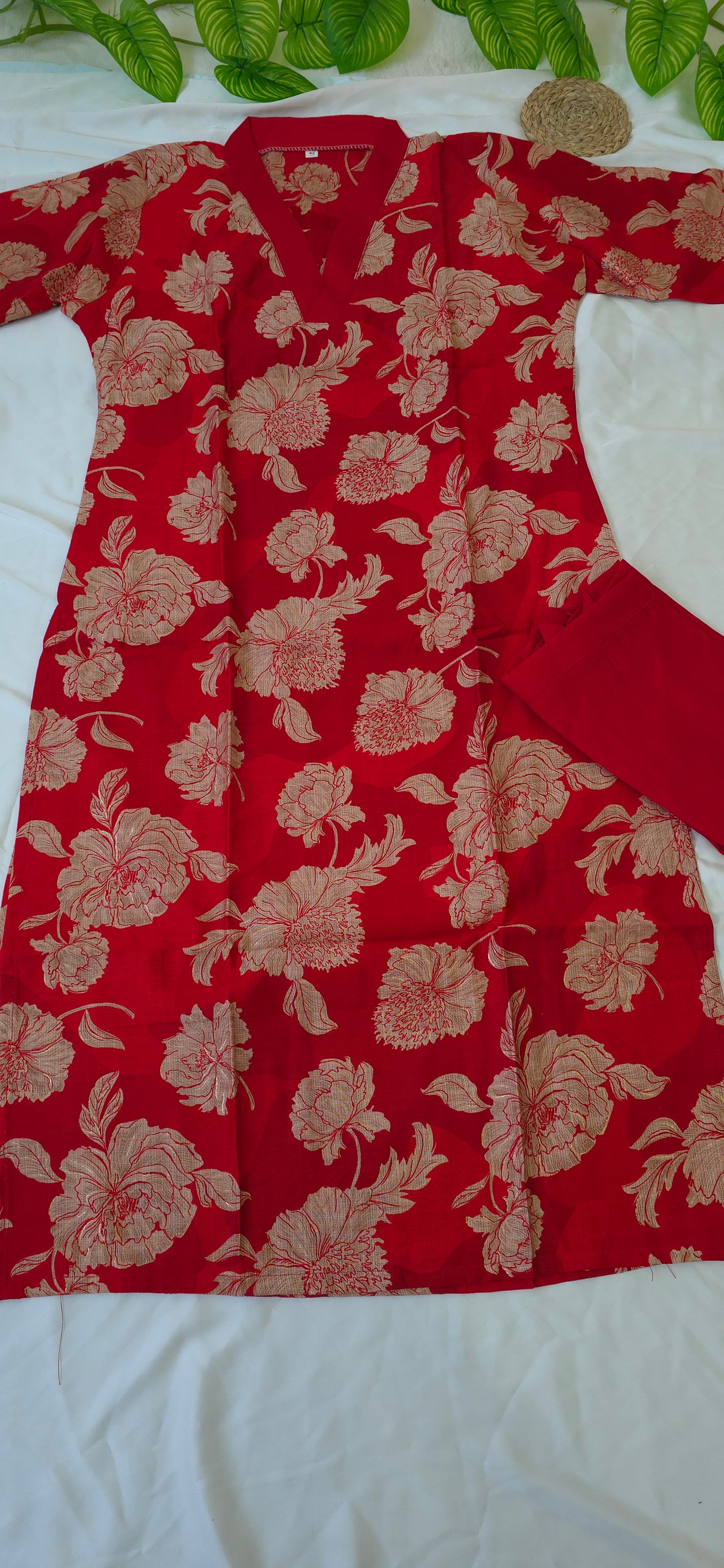 Red Colour Cotton Cord Set with Slited lining top and pocket bottom | 3/4th sleeve | Item Code-COS01