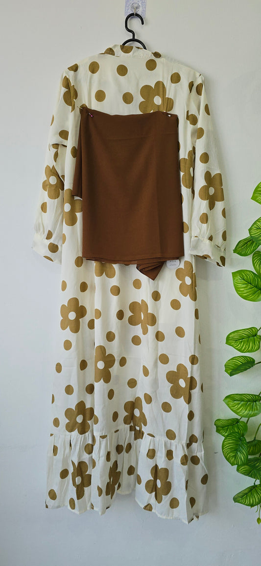 Long Gown with Moja Shawl|Full sleeve|White and brown colour|Itemcode-COS024.