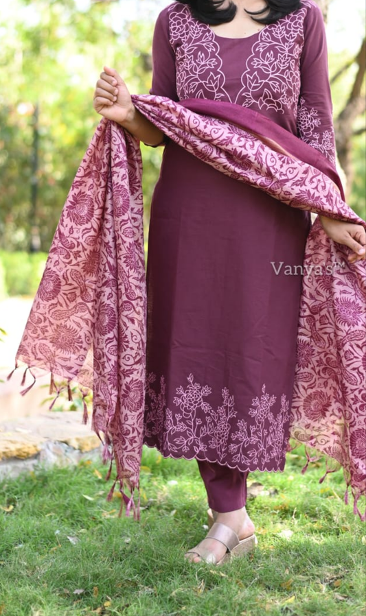 Dark purple color churidar set with 3/4 Sleeve | Cotton material | Itemcode-COS16