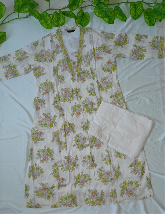 2 piece cotton cord set with white & green Color | 3/4 sleeve and collar neck | Item code - COS013
