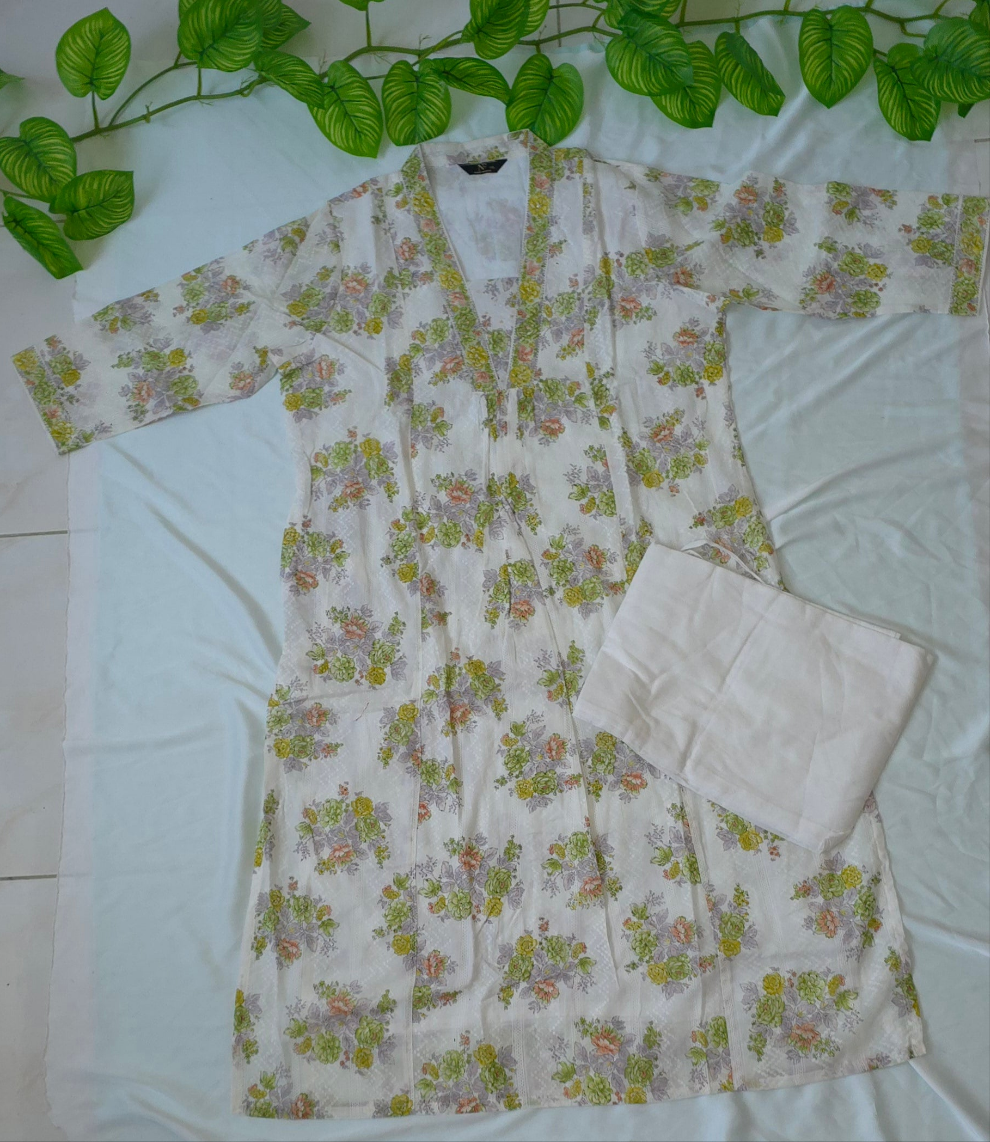 2 piece cotton cord set with white & green Color | 3/4 sleeve and collar neck | Item code - COS013