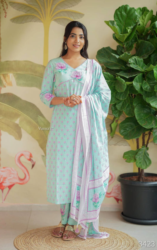 Light blue cotton churidar set with 3/4 Sleeve | Item code-COS018